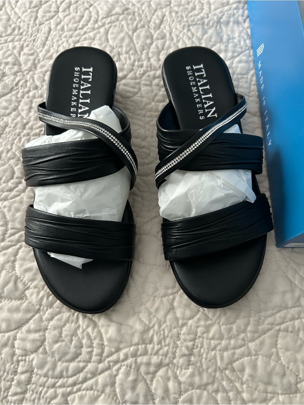 Italian Shoemakers Black Slide Sandals with Rhinestone Accent